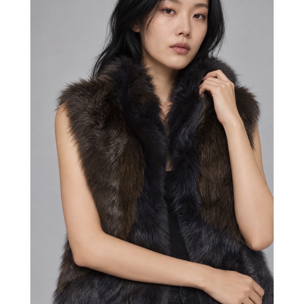 M.PATMOS Toscana Shearling Fur Vest Colorblock Navy Black XS/S Luxury Layering
